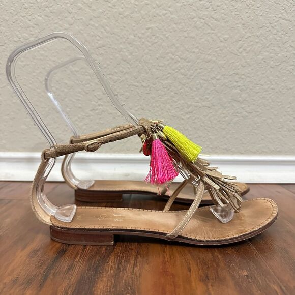 LILLY PULITZER Zoe Sandals Metallic Leather Fringed Ankle Strap - Picture 2 of 10
